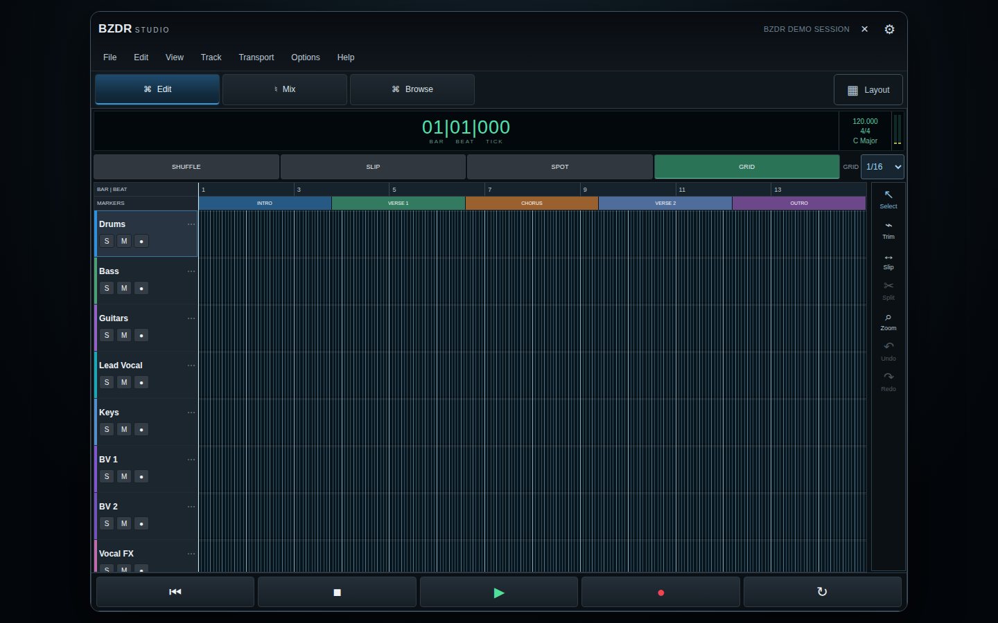 Actual BZDR Studio desktop edit window with tracks, timeline and waveform editing controls