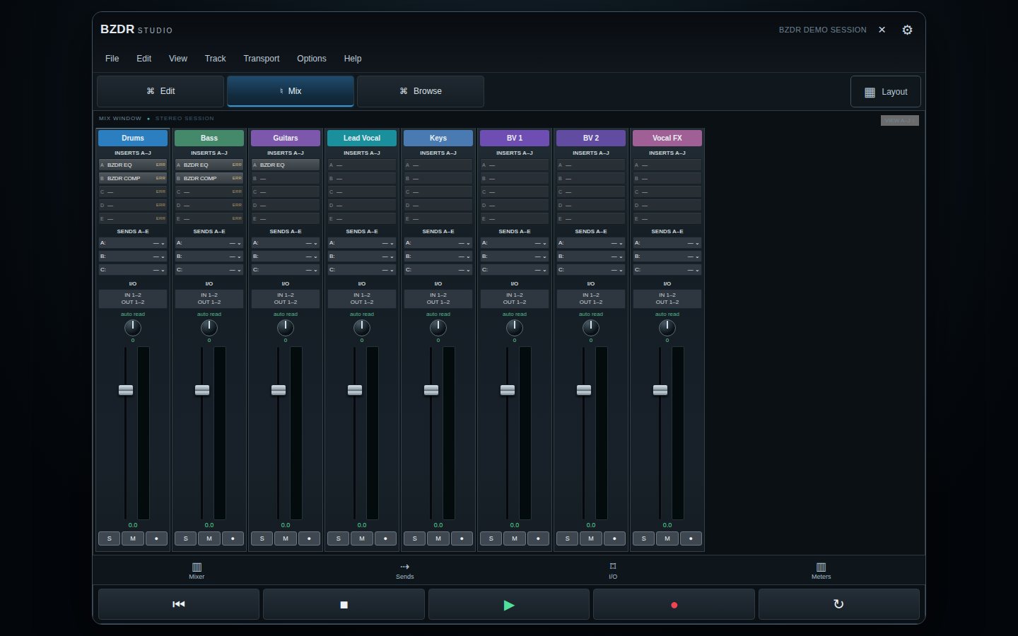 Real BZDR Studio desktop mixer and plugin inserts