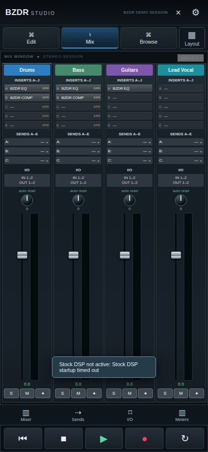 Actual BZDR Studio mobile mixing window with channel faders and insert controls