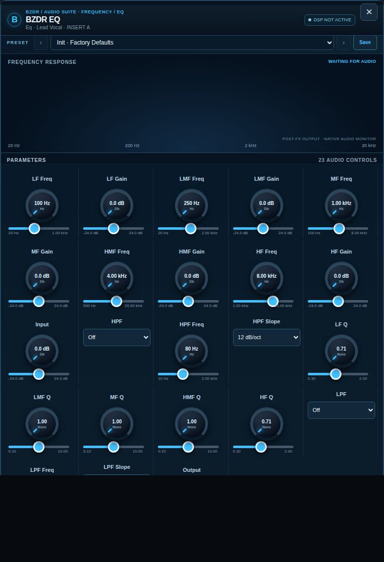 Screenshot of BZDR EQ stock plugin as it appears in the DAW